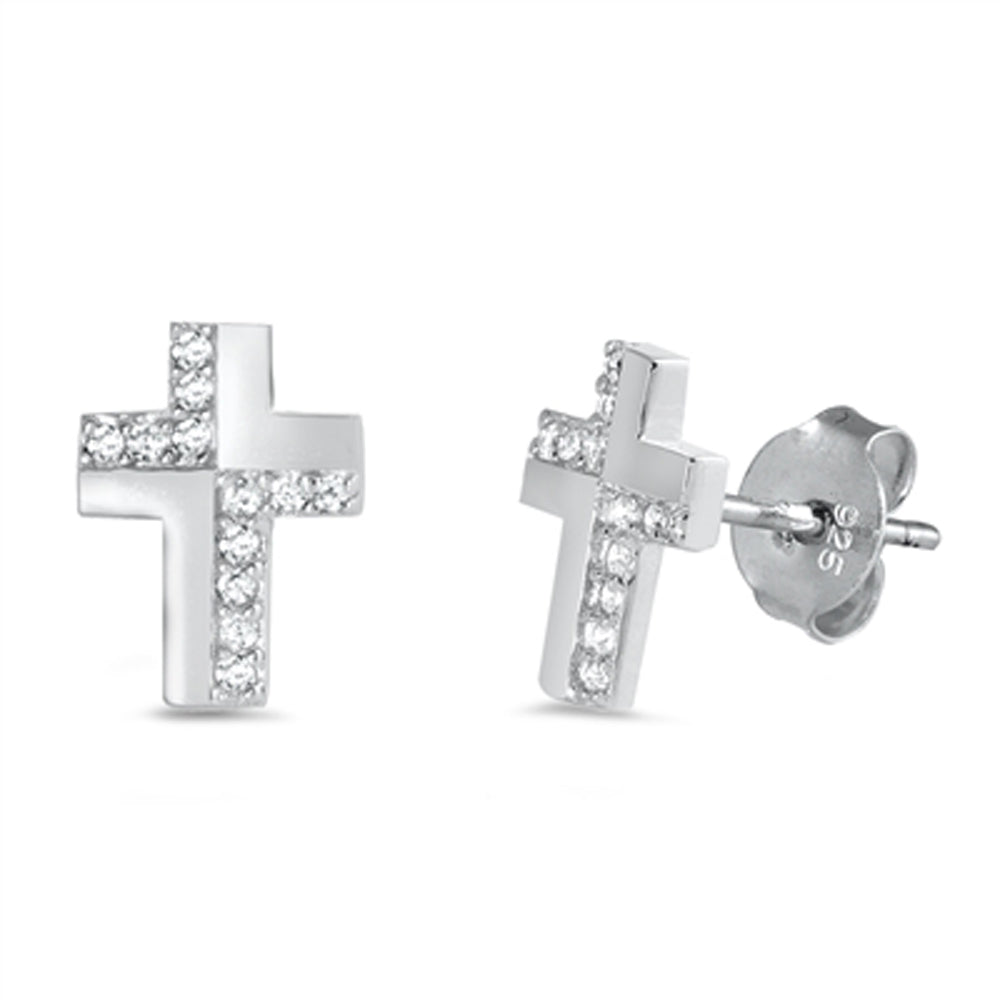 Sterling Silver High Polish Cross Studded Modern Simple Earrings Clear CZ 925