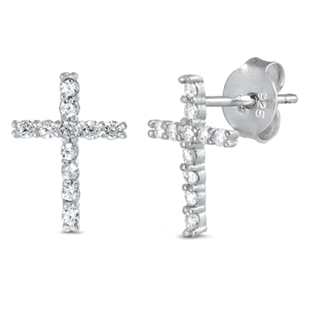 Sterling Silver Simple Modern Cross Studded Elegant Classic Earrings Clear CZ