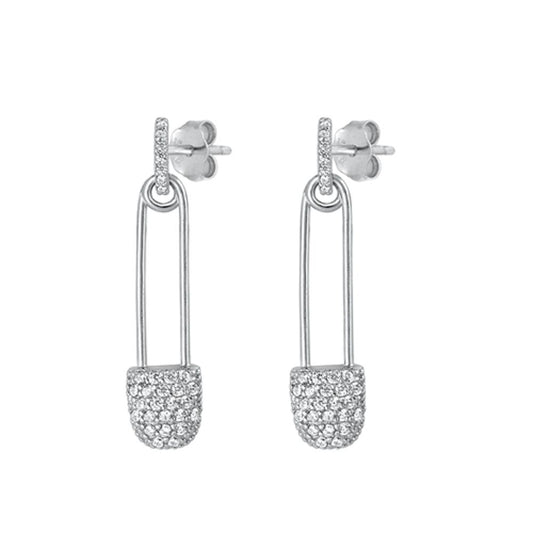 Cute Sterling Silver Clear CZ Dangle Safety Pin Post Polished Earrings 925 New