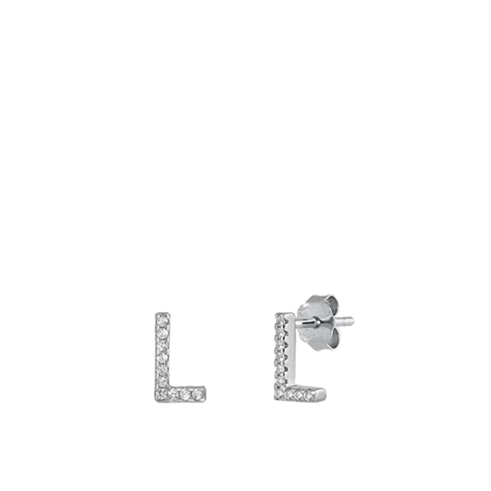 Flashy Sterling Silver Cute Block Letter L Initial Clear CZ Earrings 925 New