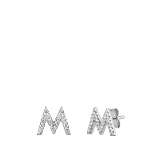 Flashy Sterling Silver Classic Block Letter M Initial Clear CZ Earrings 925 New