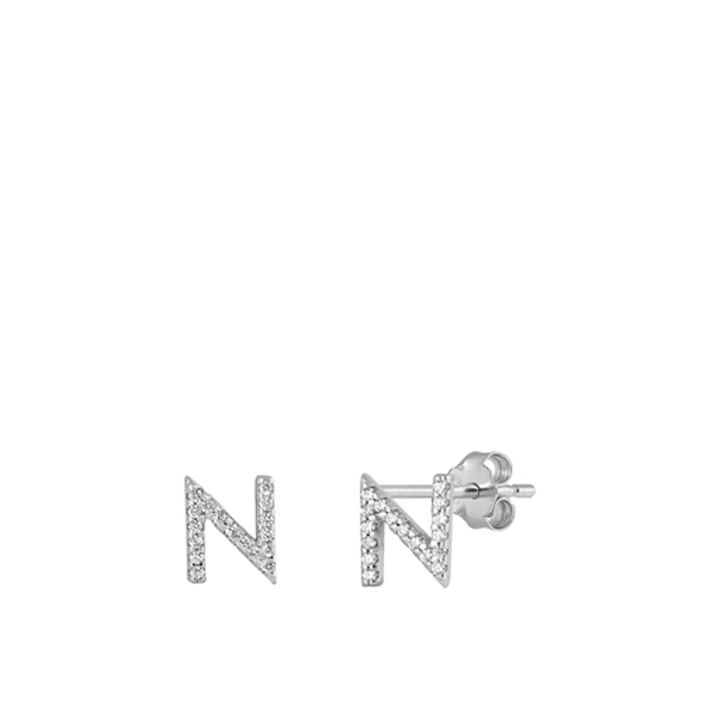 Flashy Sterling Silver Classic Block Letter N Initial Clear CZ Earrings 925 New