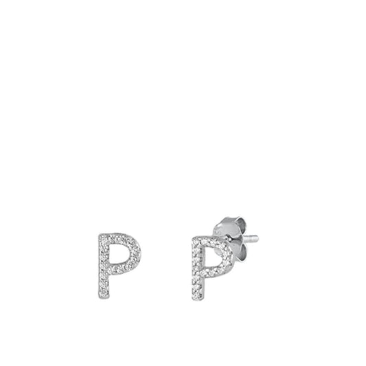 Cute Sterling Silver Wholesale Block Letter P Initial Clear CZ Earrings 925 New