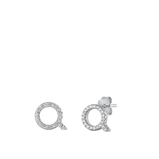 Flashy Sterling Silver Fashion Block Letter Q Initial Clear CZ Earrings 925 New