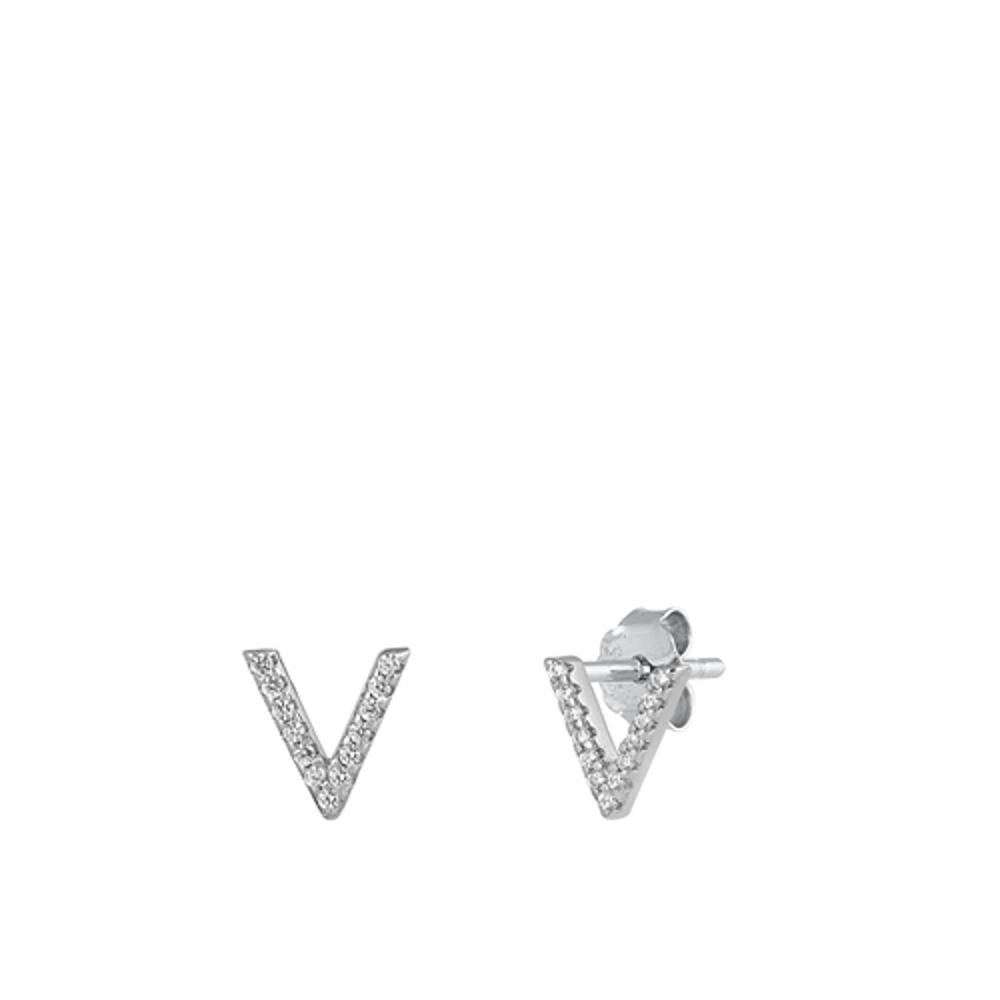 Flashy Sterling Silver Unique Block Letter V Initial Clear CZ Earrings 925 New