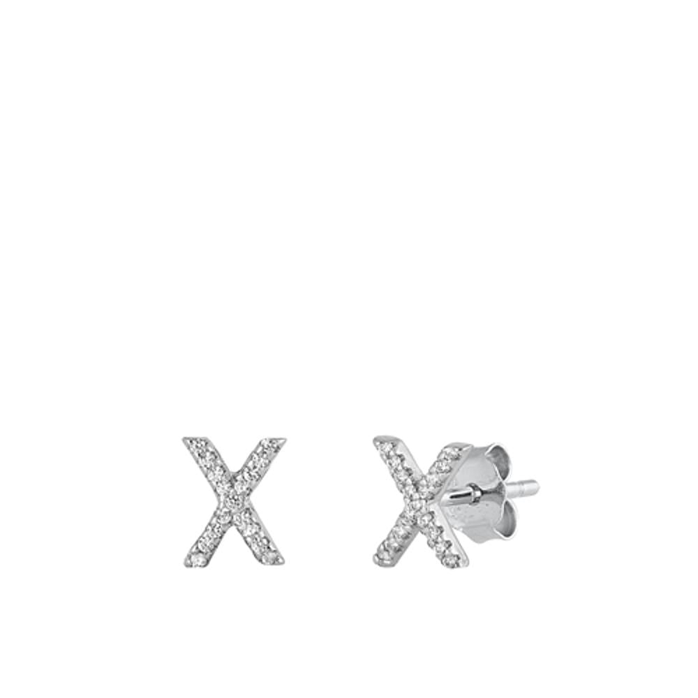 Flashy Sterling Silver Fashion Block Letter X Initial Clear CZ Earrings 925 New