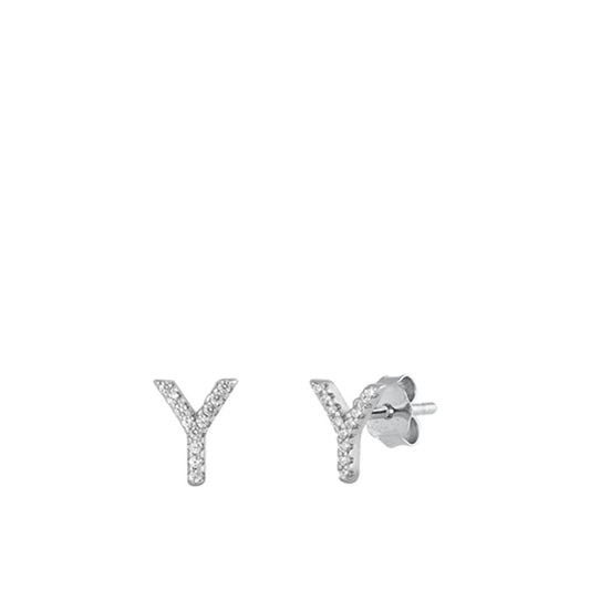 Flashy Sterling Silver Unique Block Letter Y Initial Clear CZ Earrings 925 New