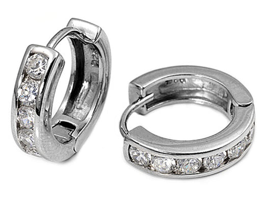 High Polish Studded Huggie Hoop Clear Simulated CZ .925 Sterling Silver Huggie Hoop Earrings