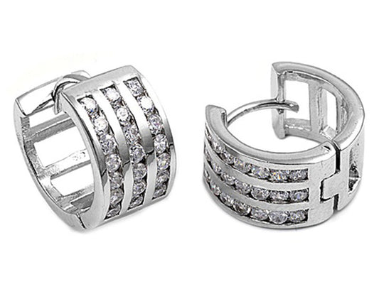 Huggie Hoop Earrings Clear Simulated CZ .925 Sterling Silver