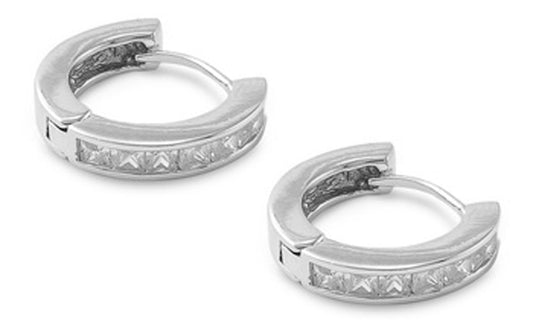 Huggie Hoop Earrings Clear Simulated CZ .925 Sterling Silver