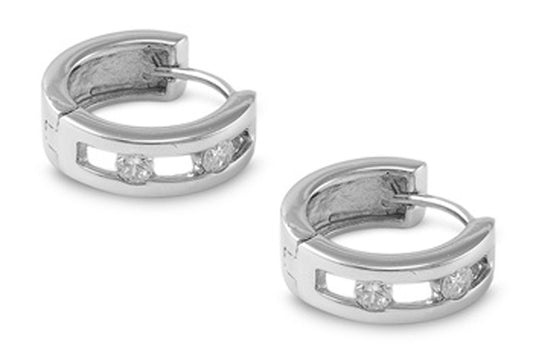 Huggie Hoop Earrings Clear Simulated CZ .925 Sterling Silver