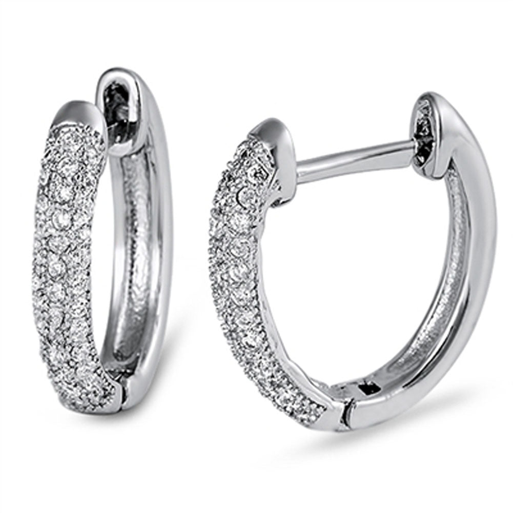 Micro Pave Huggie Hoop Earrings Clear Simulated CZ .925 Sterling Silver