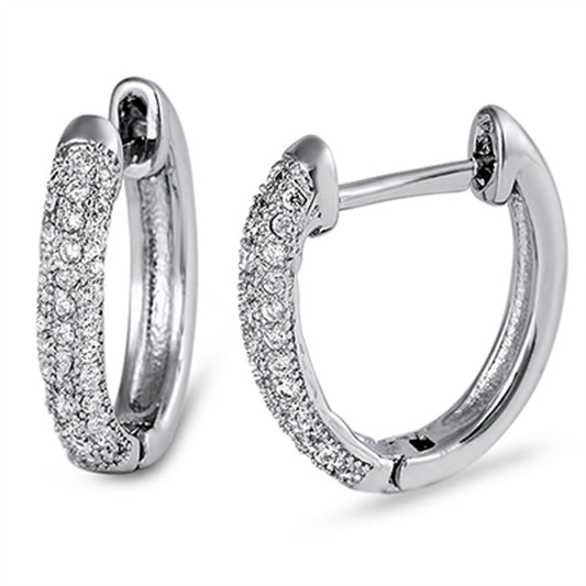 Micro Pave Huggie Hoop Earrings Clear Simulated CZ .925 Sterling Silver