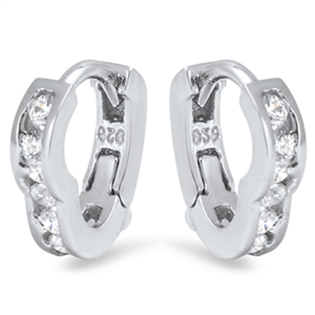 Flower Shape Hoop Cute Scalloped Huggie Studded Clear Simulated CZ .925 Sterling Silver Huggie Hoop Earrings