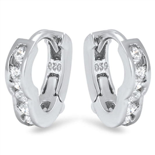 Flower Shape Hoop Cute Scalloped Huggie Studded Clear Simulated CZ .925 Sterling Silver Huggie Hoop Earrings