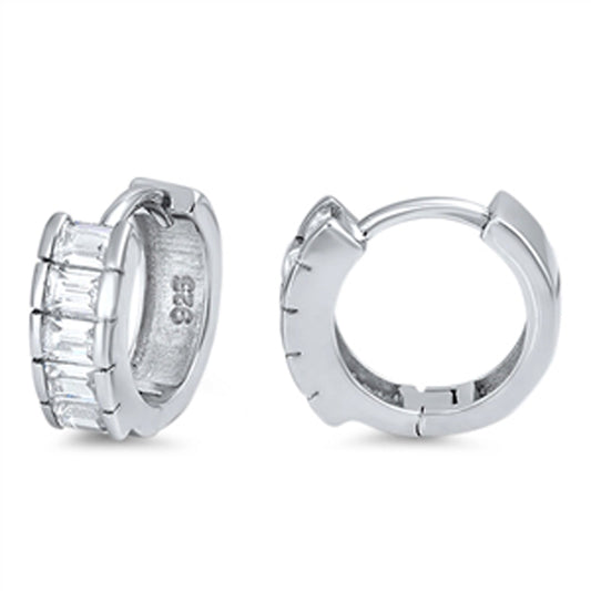 Hoop Boxy Studded Huggie Elegant Clear Simulated CZ .925 Sterling Silver Huggie Hoop Earrings