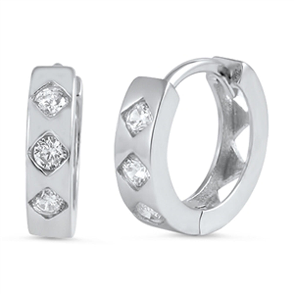 Huggie Minimalist Small Hoop Sparkly Clear Simulated CZ .925 Sterling Silver Huggie Hoop Earrings