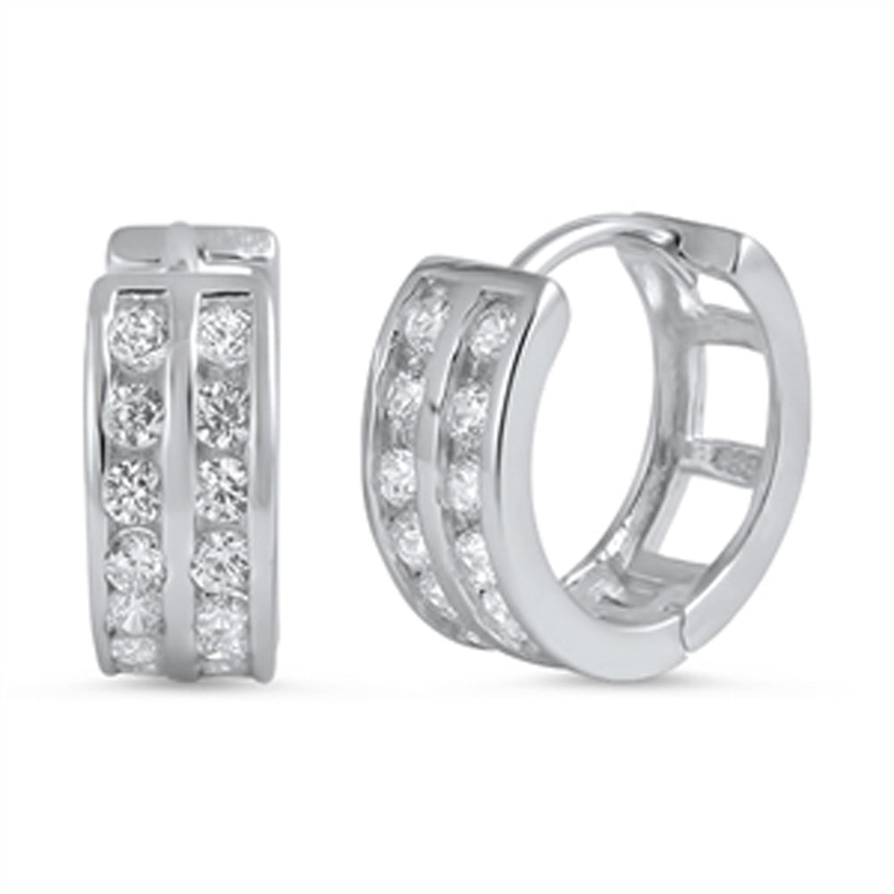 Studded Hoop Sparkly Clear Simulated CZ .925 Sterling Silver Open Huggie Hoop Earrings