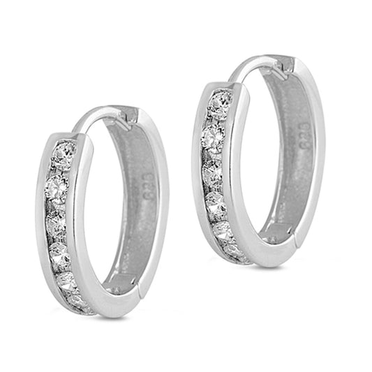 Elegant Studded Hoop Classic Clear Simulated CZ .925 Sterling Silver Simple Huggie Hoop Earrings