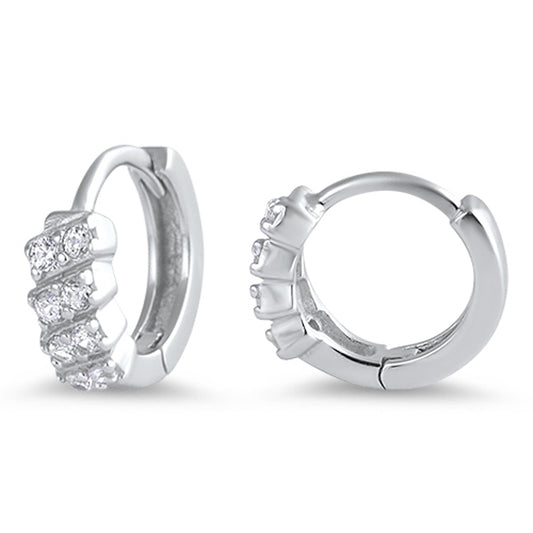 Huggie Hoop Unique Sideways Burst Classic Clear Simulated CZ .925 Sterling Silver Huggie Hoop Earrings