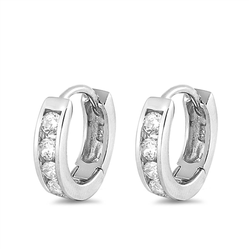 Sterling Silver Classic Studded Hoop Simple Dainty Elegant Earrings Clear CZ 925