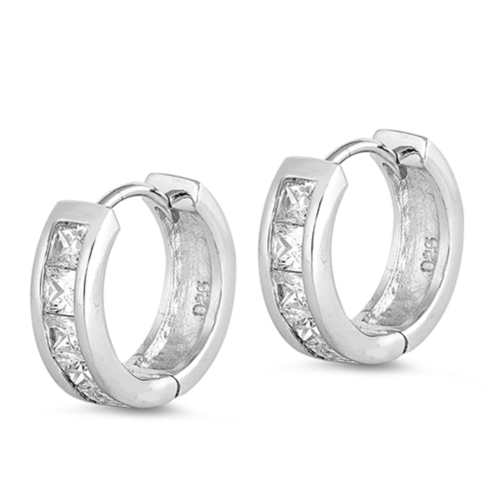 Sterling Silver Traditional Hoop Hinge Studded Elegant Classic Earrings Clear CZ