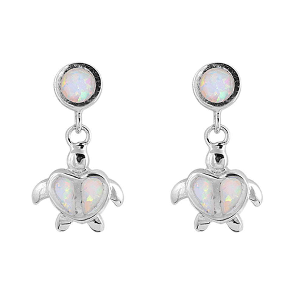 Heart Shaped Shell Circle Turtle Ocean White Simulated Opal .925 Sterling Silver Earrings