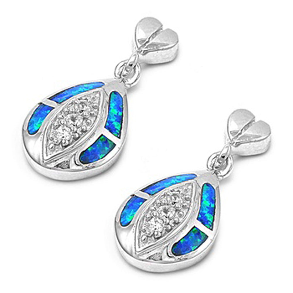 Funky Stacked Teardrop Heart Sparkly Blue Simulated Opal Clear Simulated CZ .925 Sterling Silver Earrings