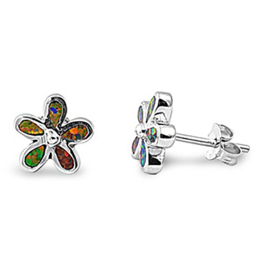 Flower Plumeria Earrings Mystic Simulated Opal .925 Sterling Silver