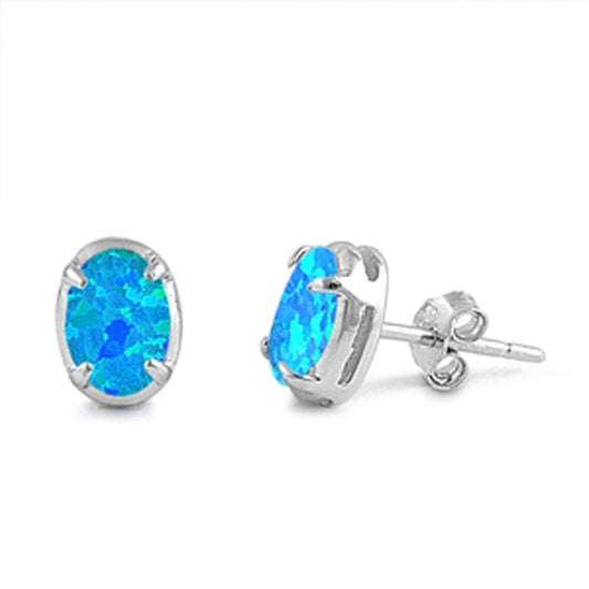 Oval Earrings Blue Simulated Opal .925 Sterling Silver