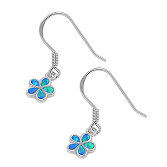 Flower Plumeria Hanging Earrings Blue Simulated Opal .925 Sterling Silver