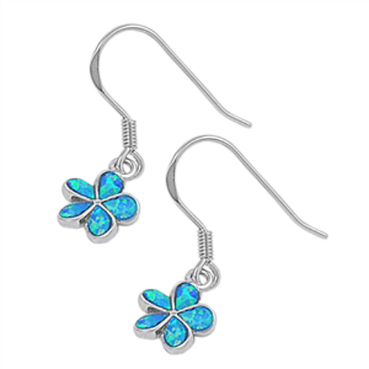 Flower Plumeria Hanging Earrings Blue Simulated Opal .925 Sterling Silver