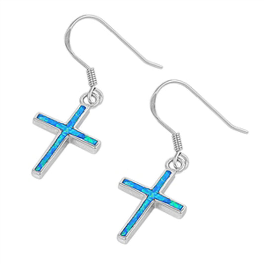 Cross Hanging Earrings Blue Simulated Opal .925 Sterling Silver