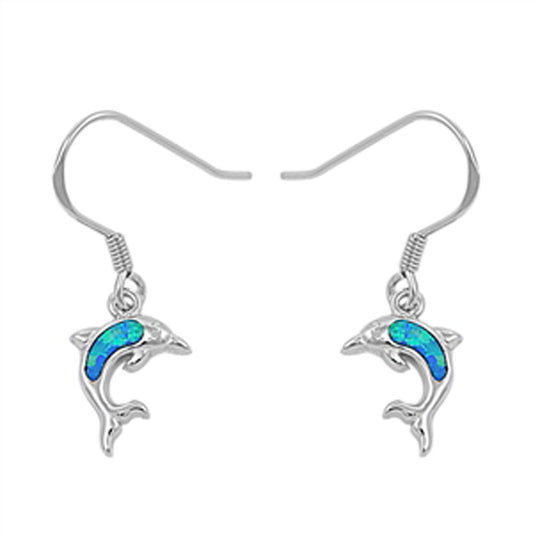 Dolphin Hanging Earrings Blue Simulated Opal .925 Sterling Silver