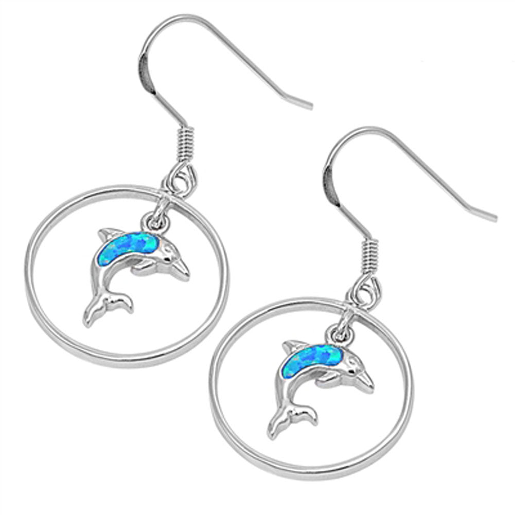 Circle Dolphin Hanging Earrings Blue Simulated Opal .925 Sterling Silver