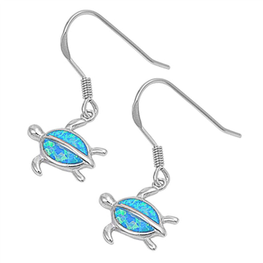 Turtle Hanging Earrings Blue Simulated Opal .925 Sterling Silver