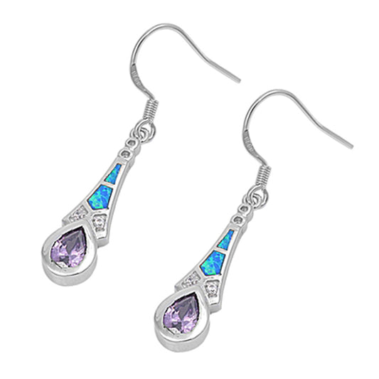 Art Deco Ornate Studded Teardrop Fancy Blue Simulated Opal .925 Sterling Silver Earrings