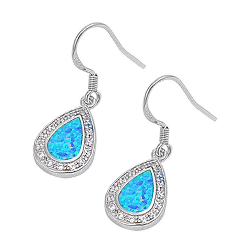 Halo Teardrop Hanging Earrings Blue Simulated Opal Clear Simulated CZ .925 Sterling Silver