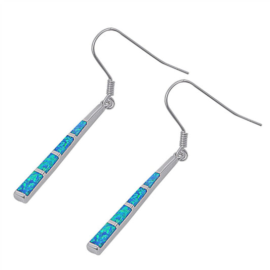 Bar Long Earrings Blue Simulated Opal .925 Sterling Silver