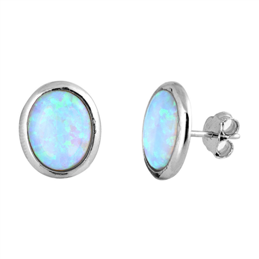 High Polish Oval Simple White Simulated Opal .925 Sterling Silver Classic Earrings