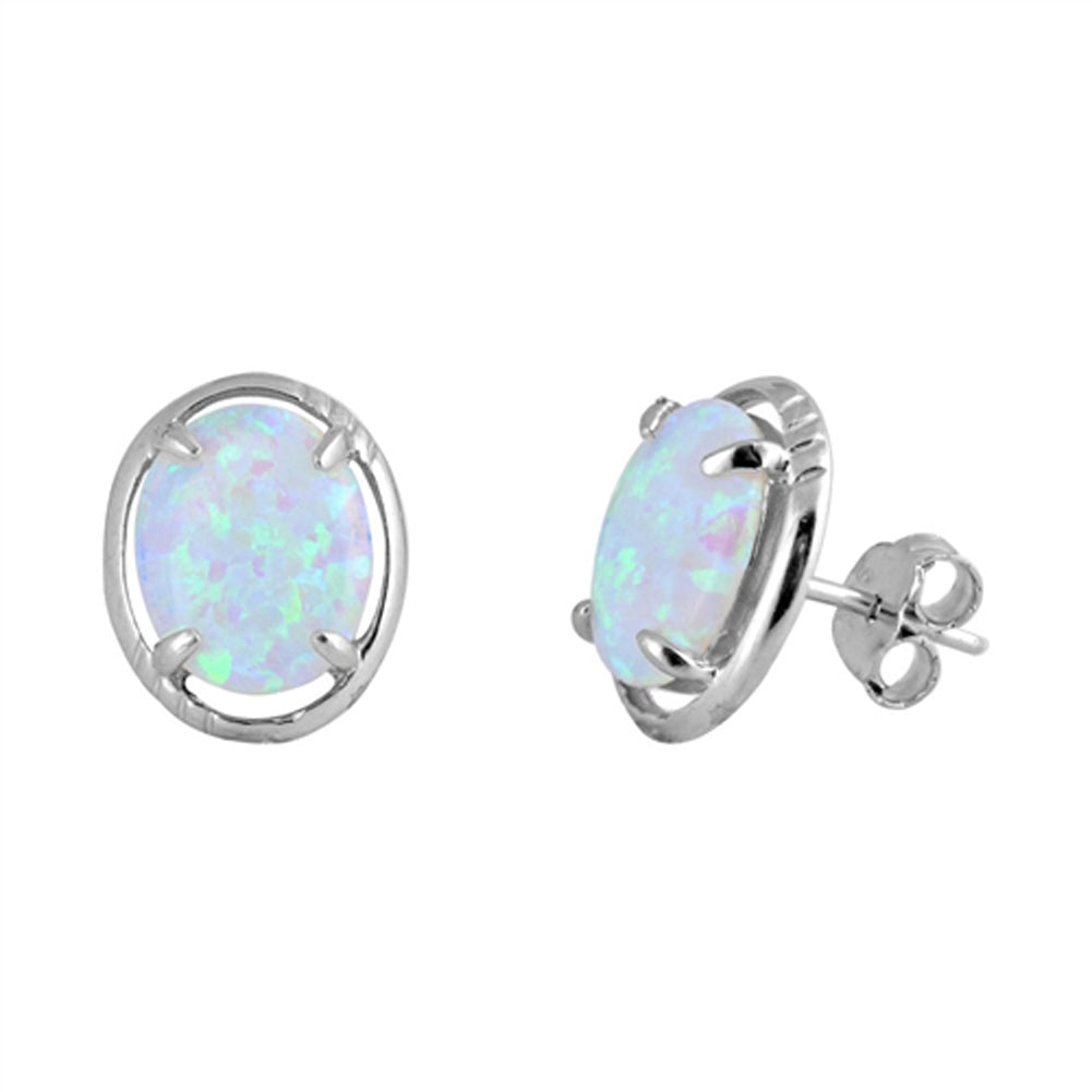 Framed Oval Simple White Simulated Opal .925 Sterling Silver Classic Fashion Earrings