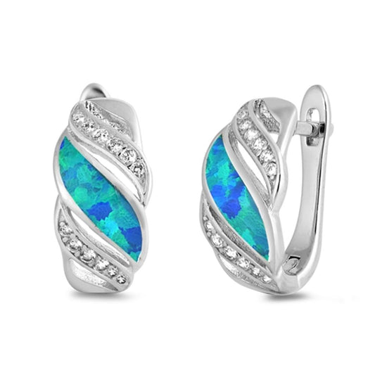 Blue Opal Clear CZ Lever Back Hoop High Polished Earrings Sterling Silver 925