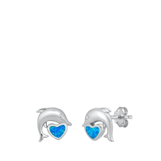 Blue Opal Heart Sterling Silver Dolphin Studs Heart Love Earrings 925 New