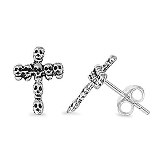 Cross Skull Biker Stud Earrings .925 Sterling Silver