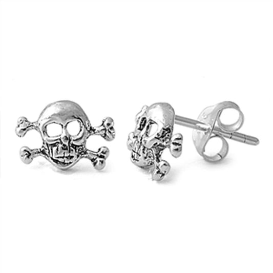 Crossbones Skull Biker Stud Earrings .925 Sterling Silver