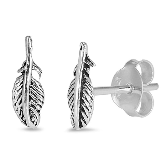 Bird Detailed Feather Leaf .925 Sterling Silver Bohemian Animal Festival Fashion Stud Earrings