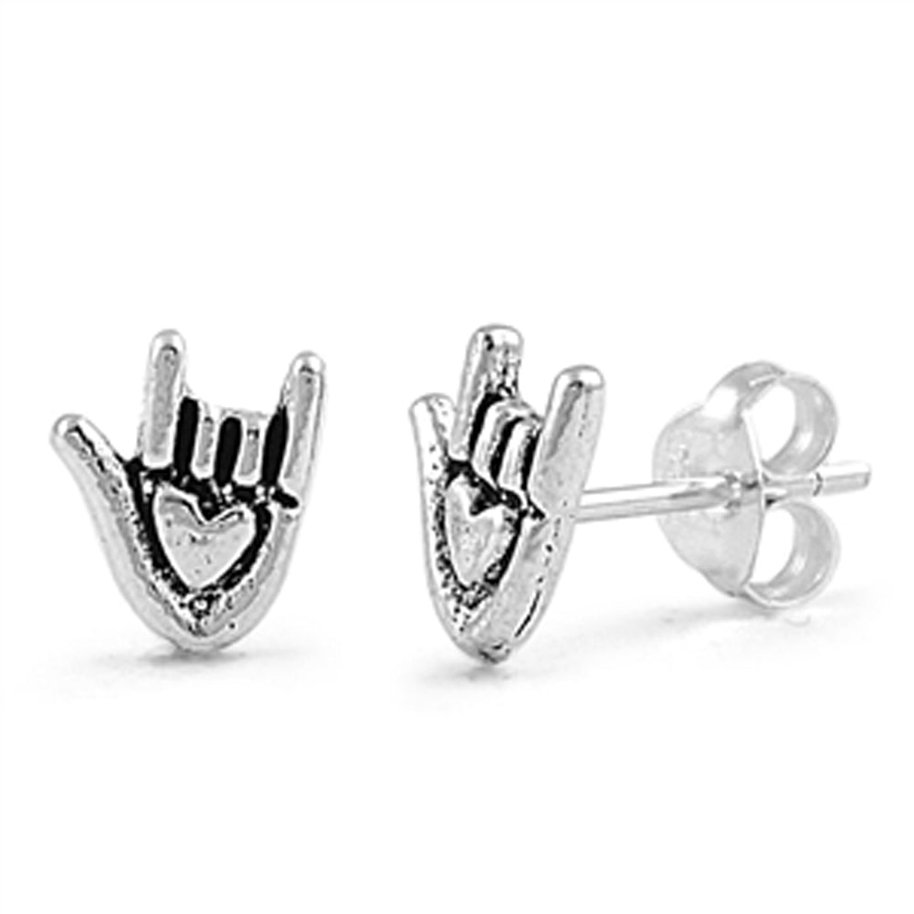 I Love You Hand Sign Language Cute .925 Sterling Silver ASL Promise Heart Stud Earrings