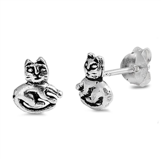 Animal Sitting Cat Cute .925 Sterling Silver Small Pet Kitten Stud Earrings