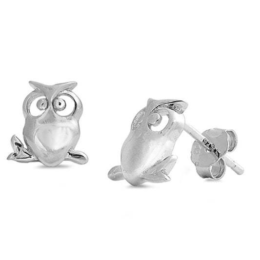 Animal Cute Open Eye Owl Branch .925 Sterling Silver Leaf Bird Nature Stud Earrings