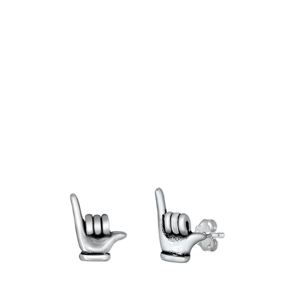 Hang Loose Hawaiian Shaka Sign Hand Symbol .925 Sterling Silver Surf Aloha Spirit Stud Earrings